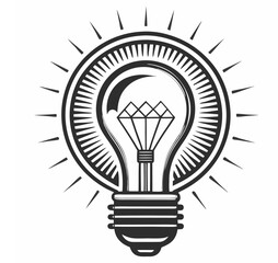 Linear glowing idea lamp bulb with detailed line work and clear glass enclosure vector illustration. Modern style and detailed innovation light bulb line art. Idea lamp linear icon.