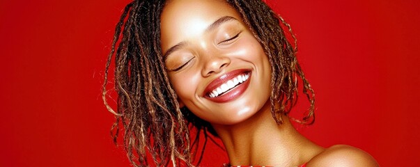 Obraz premium Ecstatic Woman Smiling Against Red Background