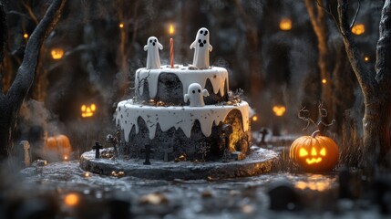 A spooky Halloween cake surrounded by ghosts, pumpkins, and eerie decorations.