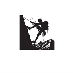Rock Climbing Silhouette. Abseiler silhouette with mountains , Rappelling