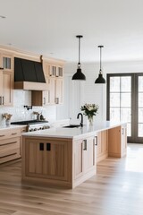 Fototapeta premium A minimalist Scandinavian-style kitchen with light wood cabinets, white walls and floors, and black sink fixtures, featuring an island.