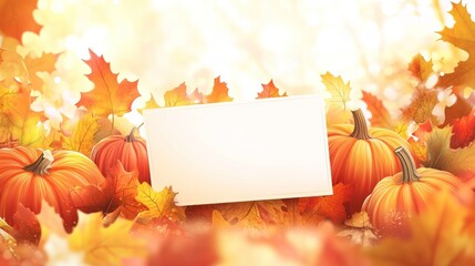 A serene autumn scene featuring pumpkins and colorful leaves with a blank space for text.
