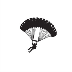 A solitary parachutist descends gracefully against a serene sky and landscape, capturing the essence of adventure and freedom.