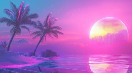 Vibrant, surreal sunset over a tropical beach with palm trees and a glowing, futuristic sun reflecting on the water. Ideal for retro-futuristic and dreamlike designs. AI generative.