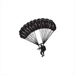 A solitary parachutist descends gracefully against a serene sky and landscape, capturing the essence of adventure and freedom.