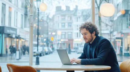 Fototapeta premium Man working on a laptop in a café, city street view in the background, concept of remote work
