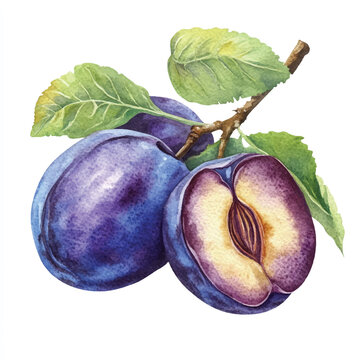 Damson plum fruit watercolor clipart illustratration 