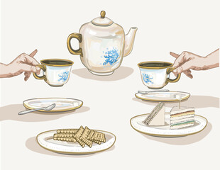 ceramic set coffee in two cups hands  pinky finger up afternoon british tea time party  with biscuits classical pottery tableware container illustration on white background