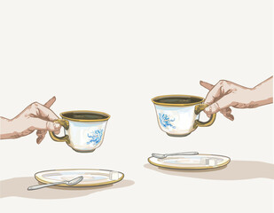 hand holding ceramic tea time coffee cup pinky finger up sugar british classical pottery tabeware illustration on white background