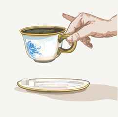 hand holding ceramic tea time coffee cup pinky finger up sugar british classical pottery tabeware illustration on white background