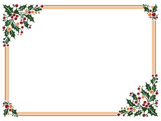 Vector frame of green holly leaves with red berries in minimalist style