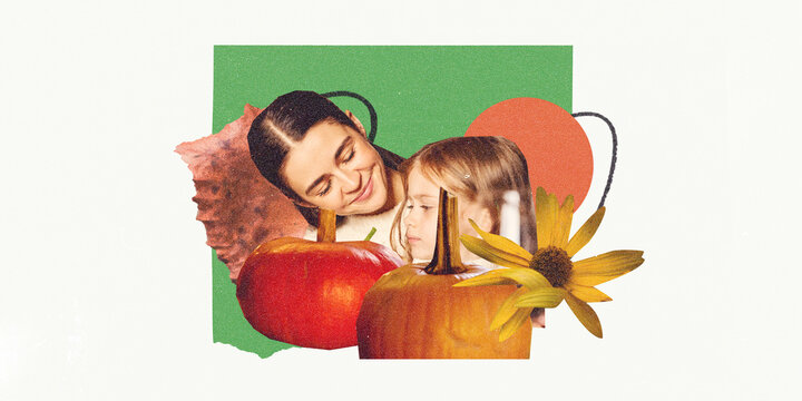 Mother and daughter with pumpkins, celebrating Thanksgiving in artistic and playful style. Bond between family. Contemporary art collage. Concept of Thanksgiving day, holiday, celebration