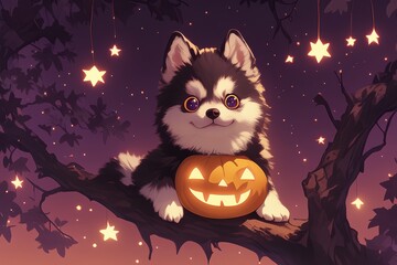 Cute Puppy with Jack-o'-Lantern on Tree Branch at Night.