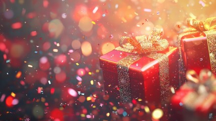 Christmas decorations background with gift boxes, confetti and bokeh