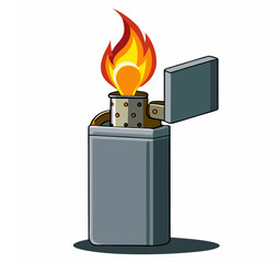 Vector illustration of a classic vintage gasoline lighter sketch featuring an open lid and a flame. Fire flame gas lighter with a fiery side view, outline, and icon.