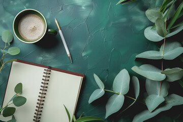 Modern home office table with paper notebooks, pencils, pens, and coffee on a green background.