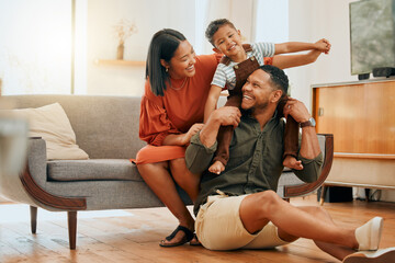 Support, airplane and energy with family on sofa for love, playful game and happiness. Care,...