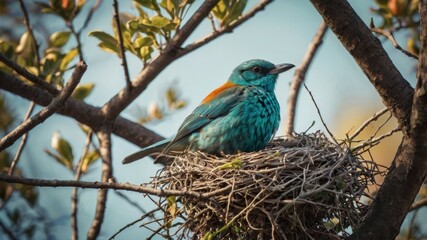 Obraz premium A blue bird sits comfortably in a nest on a high tree branch