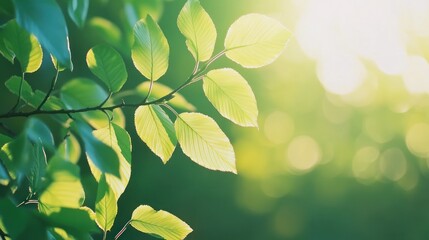 Obraz premium A close-up of green leaves illuminated by sunlight, creating a serene and vibrant atmosphere.