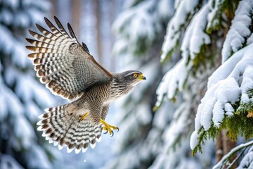 Stunning Aerial Photography of Northern Goshawk in Winter Landscape, Majestic Bird of Prey, Snow-Covered Forest, Wildlife, Nature, Frozen Environment, Ornithology, Birdwatching