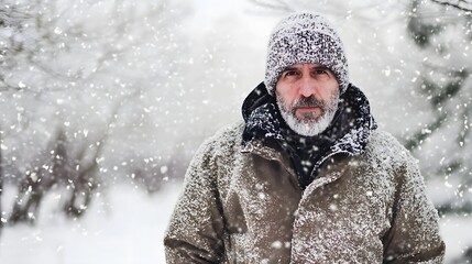 Fototapeta premium Older man in snowstorm, wearing a wool cap and coat, with a solemn expression.