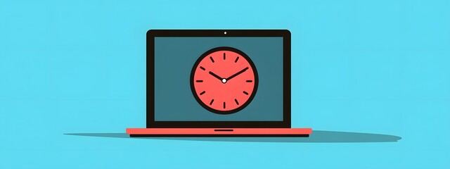 A flat vector illustration of a clock on a laptop screen, against a blue background