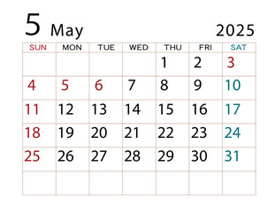 2025年カレンダー　5月 ⑵	