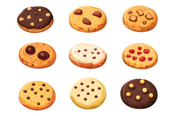 Obraz premium Flat Illustration Cartoon Of Delicious Cookies Set On A Transparent Background, PNG Image, Vector Icons Clipart, Cookie Vector, Cookie Icon, Cookie Clipart