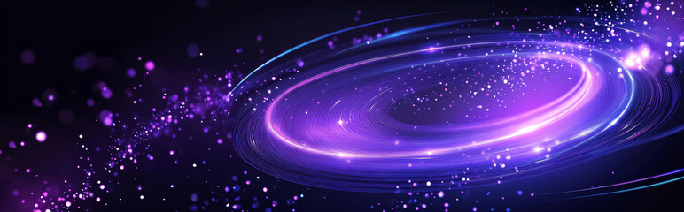 Purple abstract glittering light effect circles with sparkles on dark background. Abstract background for science, universe and cosmos, futuristic digital technologies, energy. 