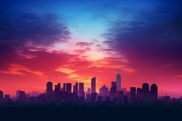 Fototapeta premium modern urban skyline at sunset with vibrant colors in sky and dramatic contrast silhouette of skyscrapers against colorful backdrop
