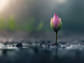 Lotus Bud Emerging from Muddy Water in Morning Light