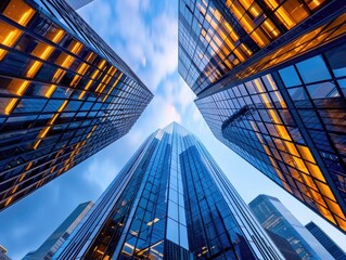 Reflective skyscrapers, business office buildings.