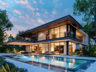 Luxury modern house with pool, evening.
