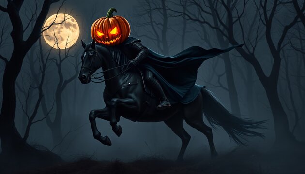 A headless horseman riding through the night, his flaming pumpkin head held high as he gallops through a foggy forest