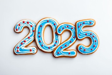 Gingerbread cookies forming the number 2025, decorated with blue and red icing