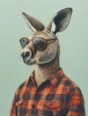 Male kangaroo in a plaid shirt with aviator glasses on a pale green background.