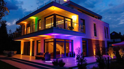 Modern villa with colored led lights at night.