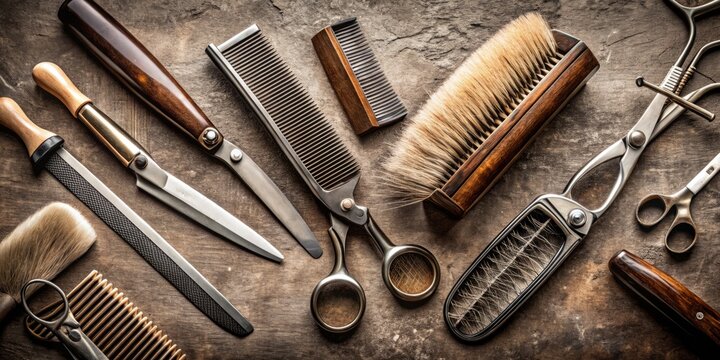 Stylish Barber Tools Collection with Scissors, Combs, Razors, and Clippers &ndash; Perfect for Hairdressing and Grooming Projects, Featuring Clean Design and Generous Copy Space