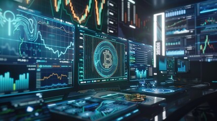 A futuristic trading desk filled with holographic cryptocurrency graphs and a central digital coin rotating in mid-air.
