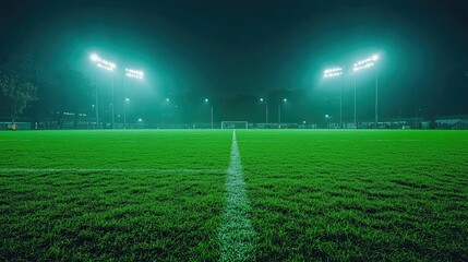 green soccer field with the winners' background in the spotlights 