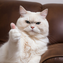 Fototapeta premium Cute white cat showing thumb up finger gesture. 