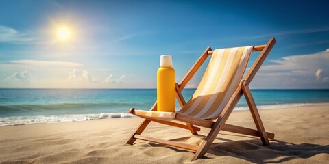 Sunscreen Bottle on Beach Chair - Essential Summer Accessory for Sun Protection, Relaxation, and Outdoor Activities, Ideal for Vacation, Travel, and Sunbathing Moments