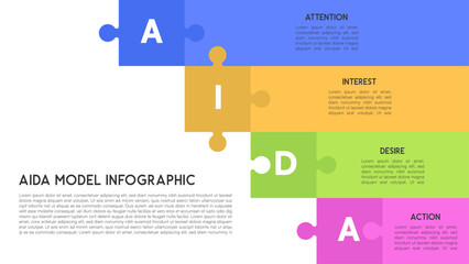 Horizontal AIDA Model Puzzle Infographic with Colorful Sections