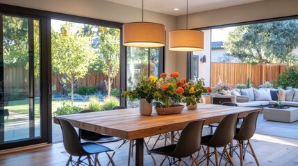 Fototapeta premium Dining Room with Wooden Table and Flowers, View of Backyard