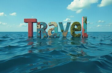Travel word floating on water surface under blue sky