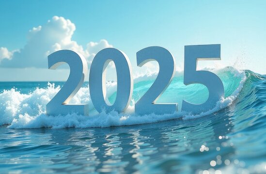 2025 Numbers Floating On Ocean Wave For New Year Concept