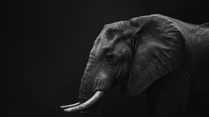 Elegant Black and White Portrait of an Elephant Showcasing Its Features in a Serene Environment