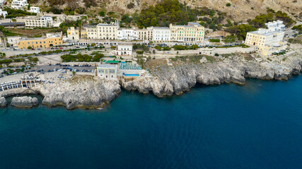 Aerial view of the coastal road of Santa Cesarea Terme in the province of Lecce, Salento, Puglia, Italy. It is a road that runs along the Adriatic Sea.