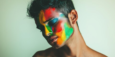 Naklejka premium Vibrant minimalist portrait of a hispanic man with rainbow face paint under soft studio lighting