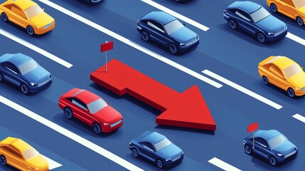 minimalist business concept art, tiny cars on parallel lanes merging into large arrow, navy blue and light grey gradient background, red yellow blue vehicles, abstract road paths, clean vector